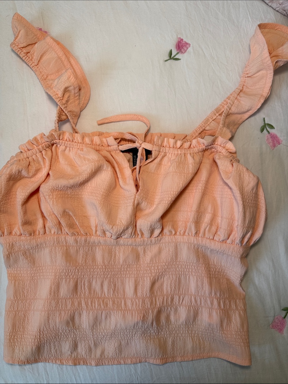 Forever 21 Peach Smocked Ruffle Strap Crop Top